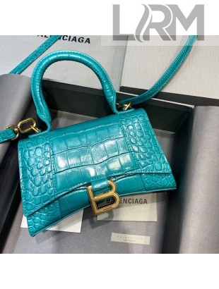 Balenciaga Hourglass Mini Top Handle Bag in Shiny Crocodile Leather Blue Macaron 2020