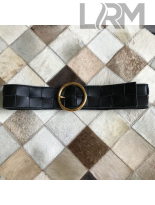 Bottega Veneta Woven Lambskin Belt 60mm with Circle Buckle Black 2019
