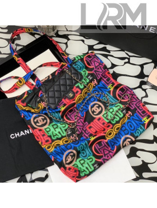 Chanel Graffiti Printed Fabric Foldable Shopping Bag with Chain AP2095 Black/Multicolor 2021