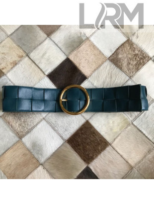 Bottega Veneta Woven Lambskin Belt 60mm with Circle Buckle Petrol Blue 2019