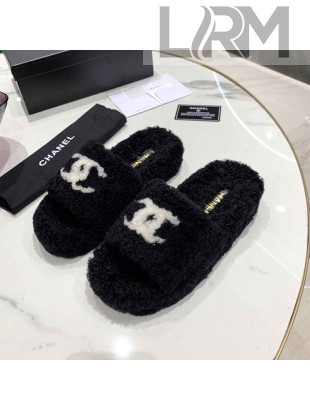 Chanel Shearling Platform Slide Sandals Black 2021