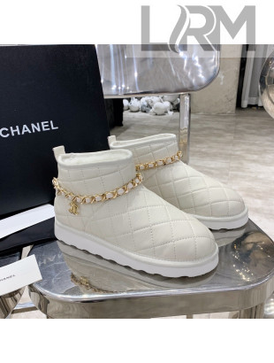 Chanel Quilted Lambskin Wool Flat Short Boots with Chain Charm White 03 2020