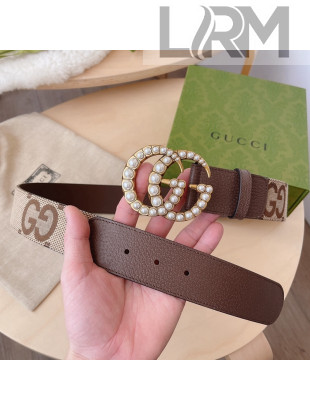 Gucci Maxi GG Canvas and Leather Belt 4cm with Pearl GG Buckle Beige/Brown 2021