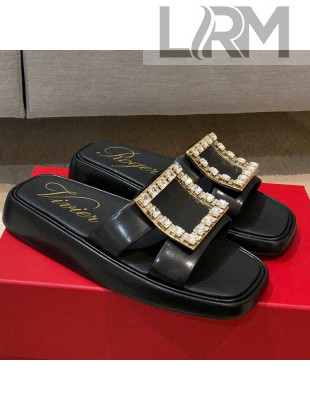 Roger Vivier Leather Flat Vivier Slide Sandals Black 2021