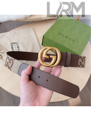 Gucci Maxi GG Canvas and Leather Belt 4cm with Interlocking G Buckle Beige/Brown/Aged Gold 2021