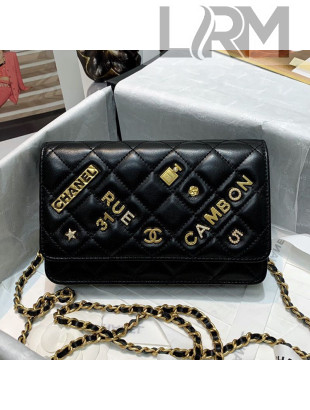 Chanel Lambskin Wallet Bag with Chain WOC and Emblem Charm Black 2021