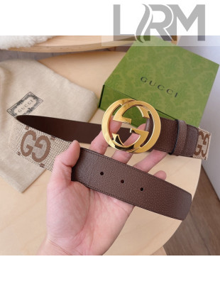 Gucci Maxi GG Canvas and Leather Belt 4cm with Interlocking G Buckle Beige/Brown/Shiny Gold 2021