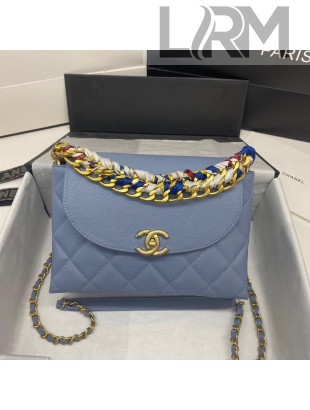 Chanel Quilted Leather Scarf Entwined Chain Flap Bag Blue 2021