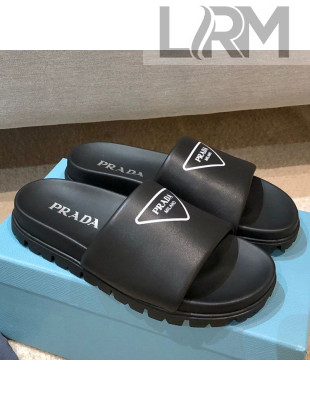 Prada Leather Flat Slide Sandals Black 2021