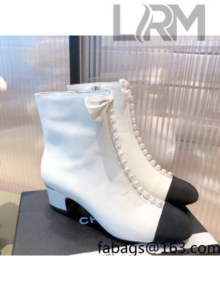 Chanel Shiny Calfskin Short Ankle Boots with Pearl and Bow G37206 White 2021