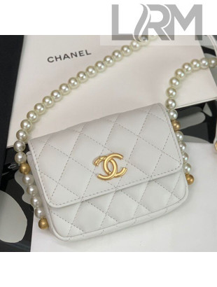 Chanel Calfskin Mini Wallet on Chain WOC with Pearl Chain White 2021