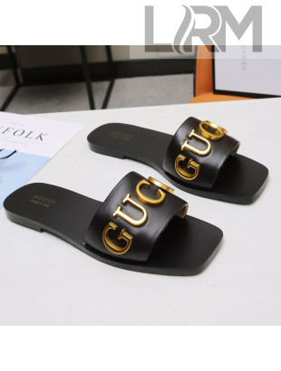 Gucci Gold Signature Calfskin Slide Sandals Black 2021 (For Women and Men)