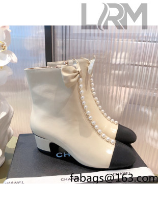 Chanel Shiny Calfskin Short Ankle Boots with Pearl and Bow G37206 Apricot 2021