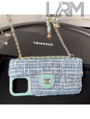 Chanel Tweed Classic Case for iPhone XII Pro Max with Chain AP2082 Blue 2021
