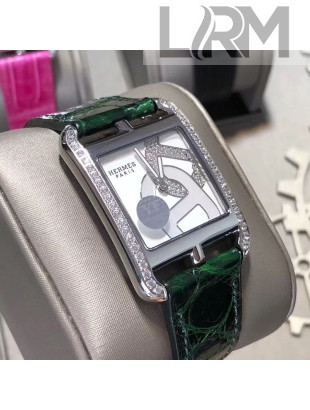 Hermes Cape Cod Crocodile Embossed Leather Crystal Square Watch Green 2019