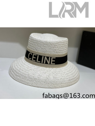 Celine Staw Bucket Hat with Logo Band White 2021