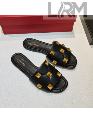 Valentino Roman Stud Flat Slide Sandals in Quilted Nappa Lambskin Black 2021