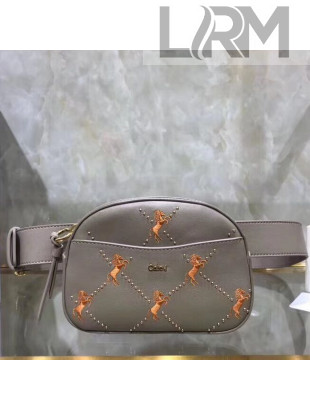 Chloe Signature Belt Bag In Smooth Calfskin With Embroidered Horses & Studs Grey 2019