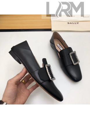 Bally Janelle Loafter In Black Calfskin Leather With Crystal Buckle 2019