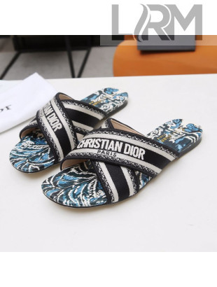 Dior Cross Strap Flat Slide Sandal in Cotton Embroidery Black/White 2021