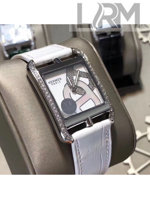 Hermes Cape Cod Crocodile Embossed Leather Crystal Square Watch White 2019