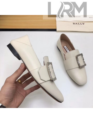 Bally Janelle Loafter In White Calfskin Leather With Crystal Buckle 2019