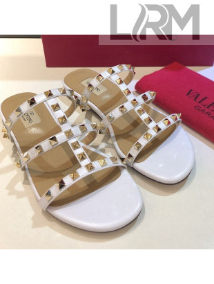 Valentino Rockstud Triple Leather Flat Slide Sandals White 2021