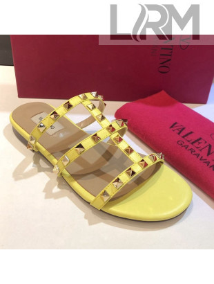 Valentino Rockstud Triple Leather Flat Slide Sandals Yellow 2021