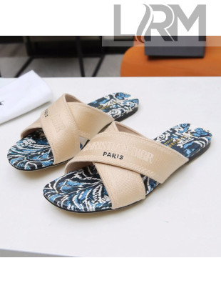 Dior Cross Strap Flat Slide Sandal in Cotton Embroidery Apricot 2021