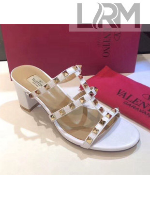 Valentino Rockstud Triple Leather Heeled Slide Sandals 6.5cm White 2021