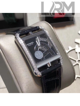Hermes Cape Cod Crocodile Embossed Leather Crystal Square Watch Black 01 2019