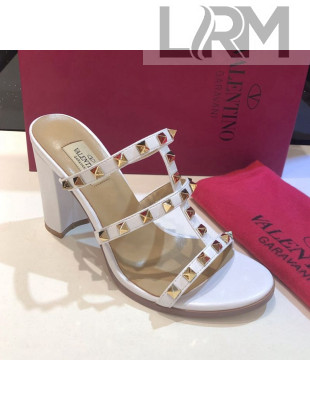 Valentino Rockstud Triple Leather Heeled Slide Sandals 9.5cm White 2021