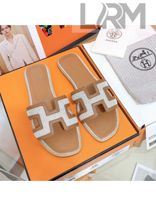 Hermes Oran Perforated Flat Slide Sandals White/Brown 2021 11