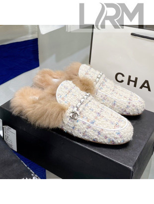 Chanel Tweed Wool Flat Mules White/Multicolor 2021