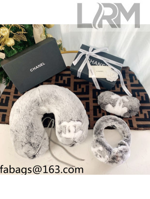 Chanel Rabbit Fur Eye Cover & Earmuff & U-Pillow Light Grey 2021 