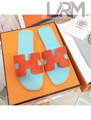 Hermes Oran Suede Flat Slide Sandals Orange/Blue 2021 13