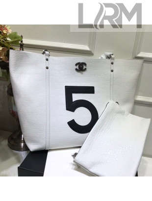 Chanel Crocodile Embossed Calfskin 5 Shopping Tote Bag White 2109