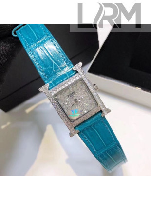 Hermes H-Our Crocodile Embossed Leather Crystal Watch 26x26mm Light Blue 2020