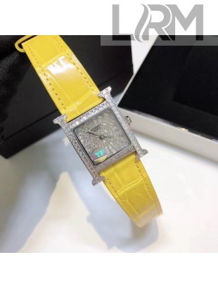 Hermes H-Our Crocodile Embossed Leather Crystal Watch 26x26mm Yellow 2020