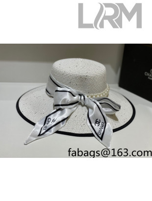 Chanel Straw Bucket Hat with Silk and Pearl Charm White 2021
