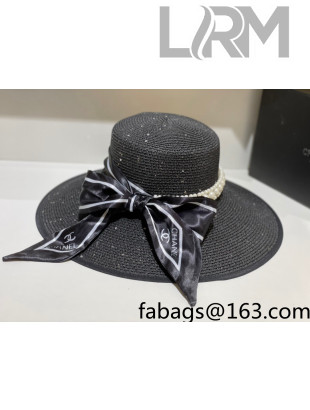 Chanel Straw Bucket Hat with Silk and Pearl Charm Black 2021