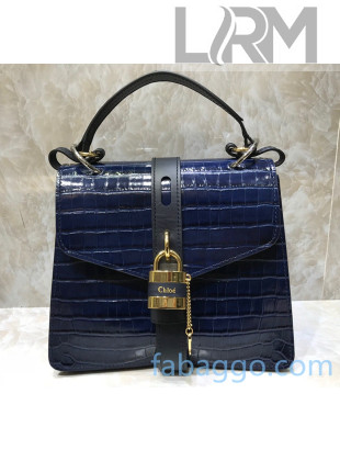 Chloe Crocodile Patterned Calfskin Aby Shoulder Bag With Top Handle Blue 2020
