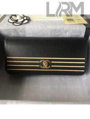 Chanel Grained Calfskin Stripes Long Flap Clutch Black 2019