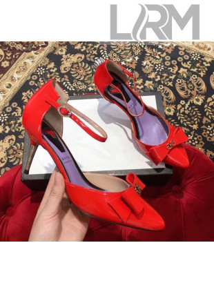 Gucci Patent Leather Ankle Strap Heel 8CM Pump with Bow Red 2019