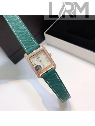 Hermes Cape Cod Grained Leather Crystal Watch 23x23mm Green/Gold 2020