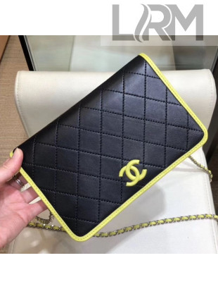 Chanel Neon Yellow Stripe Trim Wallet on Chain AP0059 Black 2019
