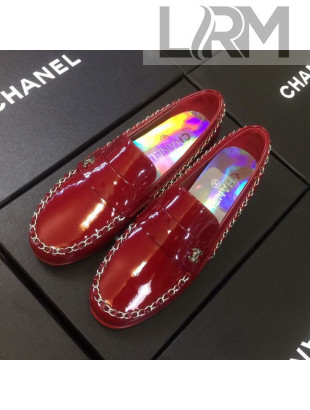 Chanel Patent Calfskin Rainbow Lining Chain Flat Loafers G35631 Red 2020