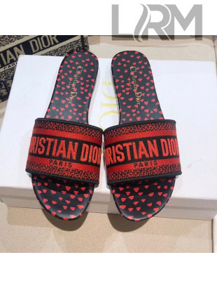 Dior Dway Flat Slide Sandals in Navy Blue and Red Hearts I Love Paris Embroidered Cotton 2021 54