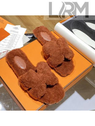Hermes Oran Shearling Wool Flat Slide Sandals Brown 2021