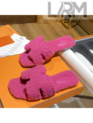 Hermes Oran Shearling Wool Flat Slide Sandals Pink 2021